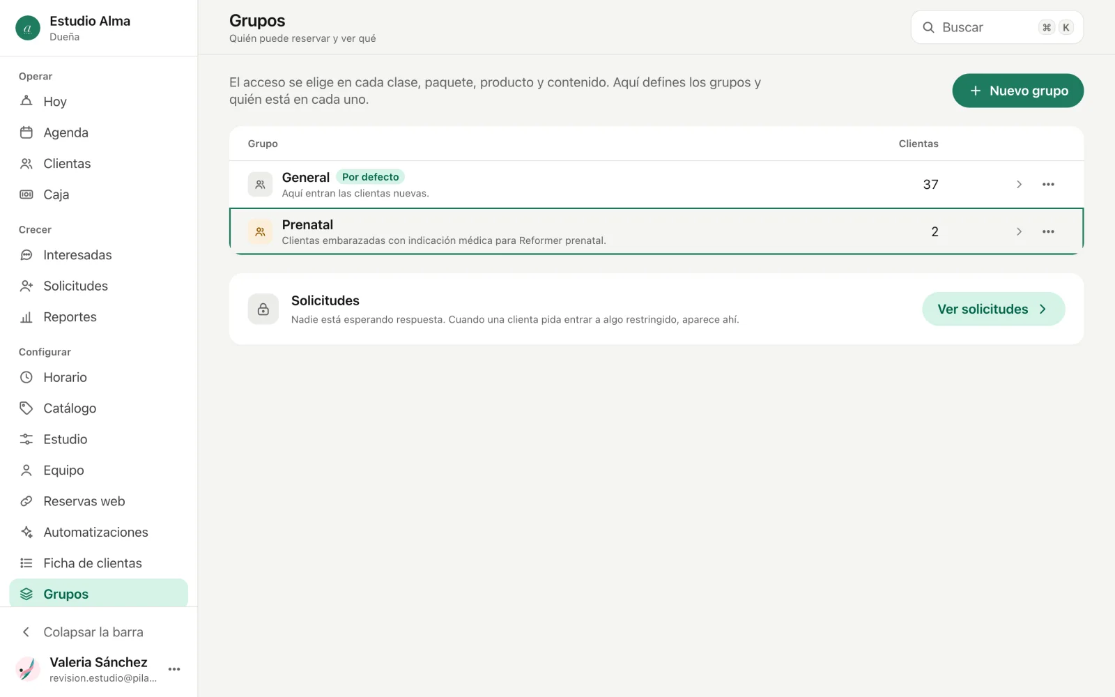 La pantalla Grupos con General y Prenatal y cuántas clientas tiene cada uno.