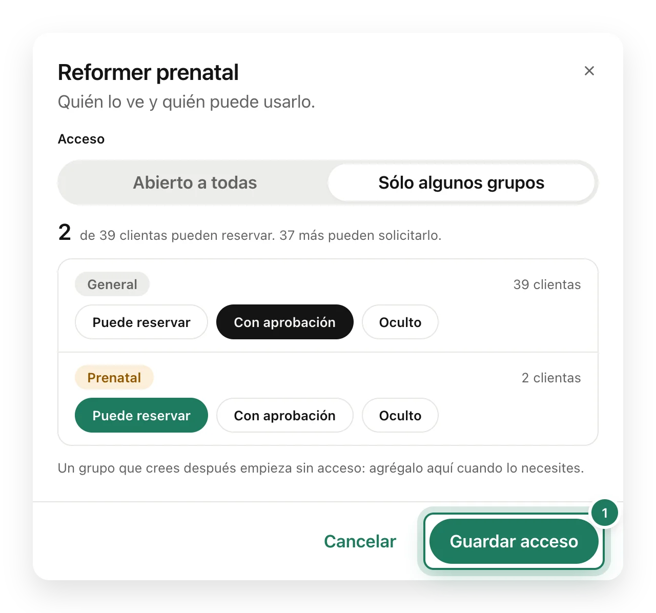 El cuadro de acceso del tipo de clase Reformer prenatal con Sólo algunos grupos elegido y una opción por grupo.