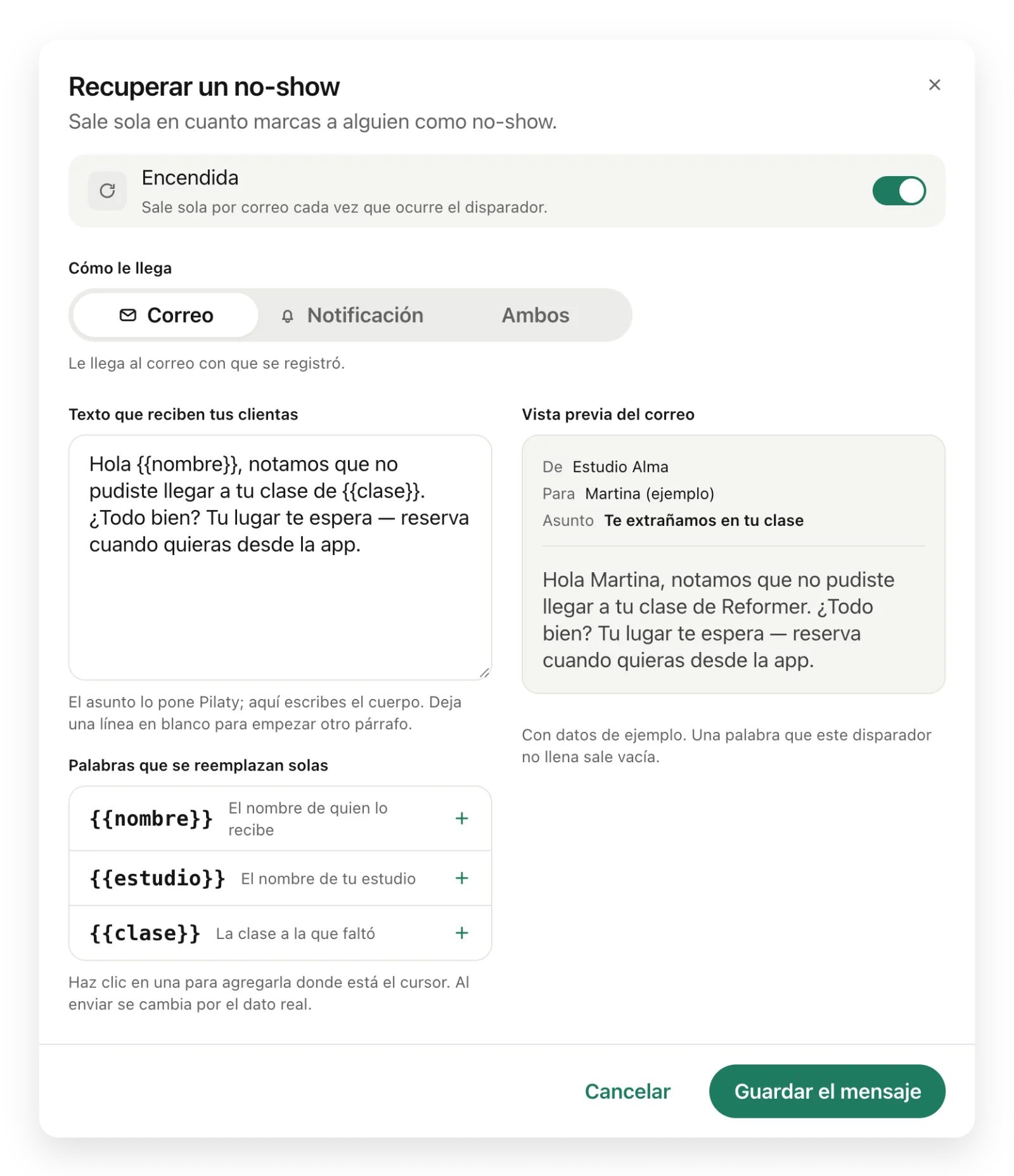 La automatización Recuperar un no-show con su canal, su texto, las palabras que se reemplazan y la vista previa del correo.
