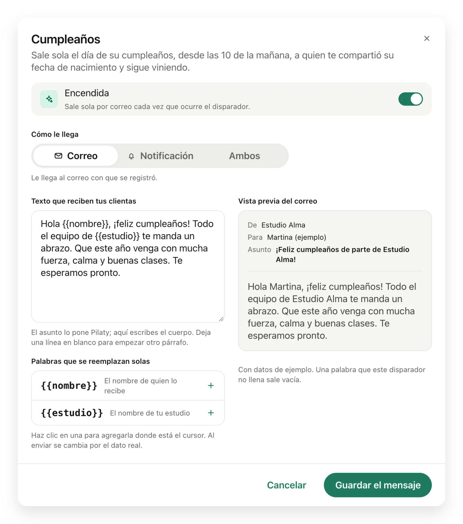 La automatización Cumpleaños con su texto y la vista previa.