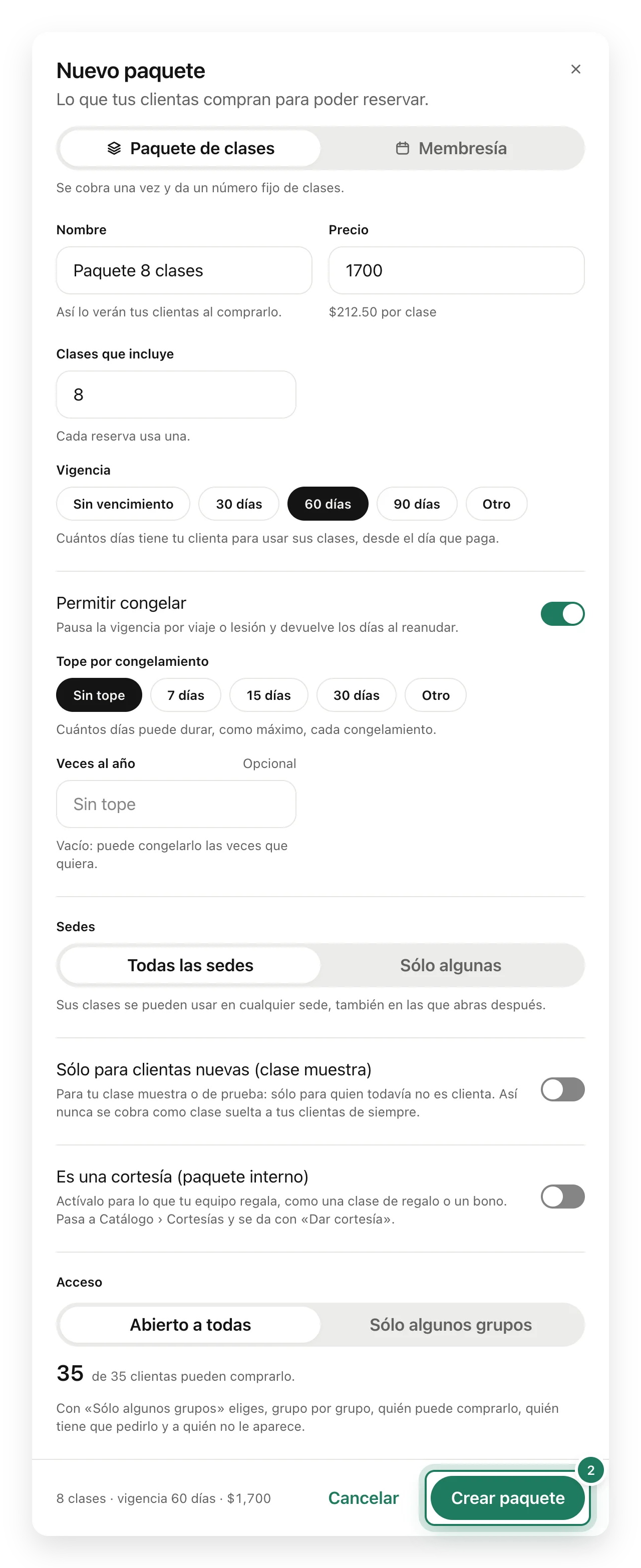 El cuadro Nuevo paquete con Paquete 8 clases a 1,700 pesos, vigencia de 60 días y la opción de congelar encendida.
