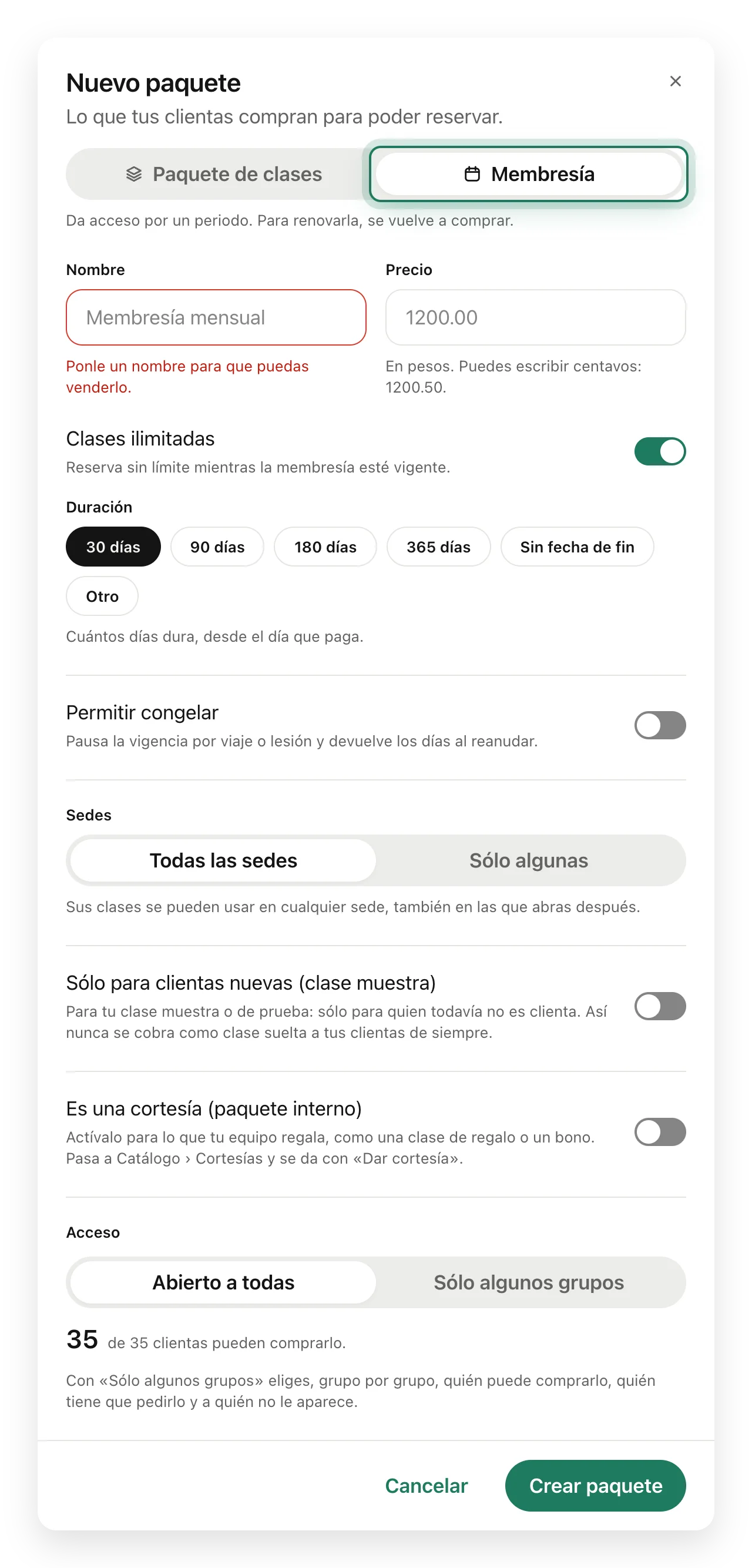 El cuadro de un paquete con la opción Membresía elegida, con sus días de duración y clases ilimitadas.