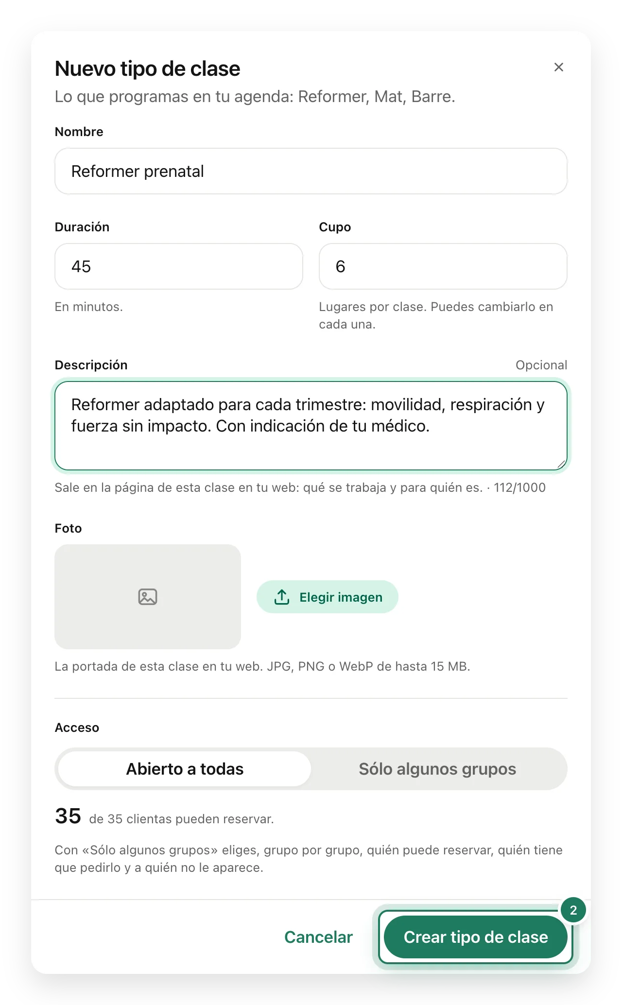 El cuadro Nuevo tipo de clase con Reformer prenatal, 45 minutos, cupo de 6 y su descripción.