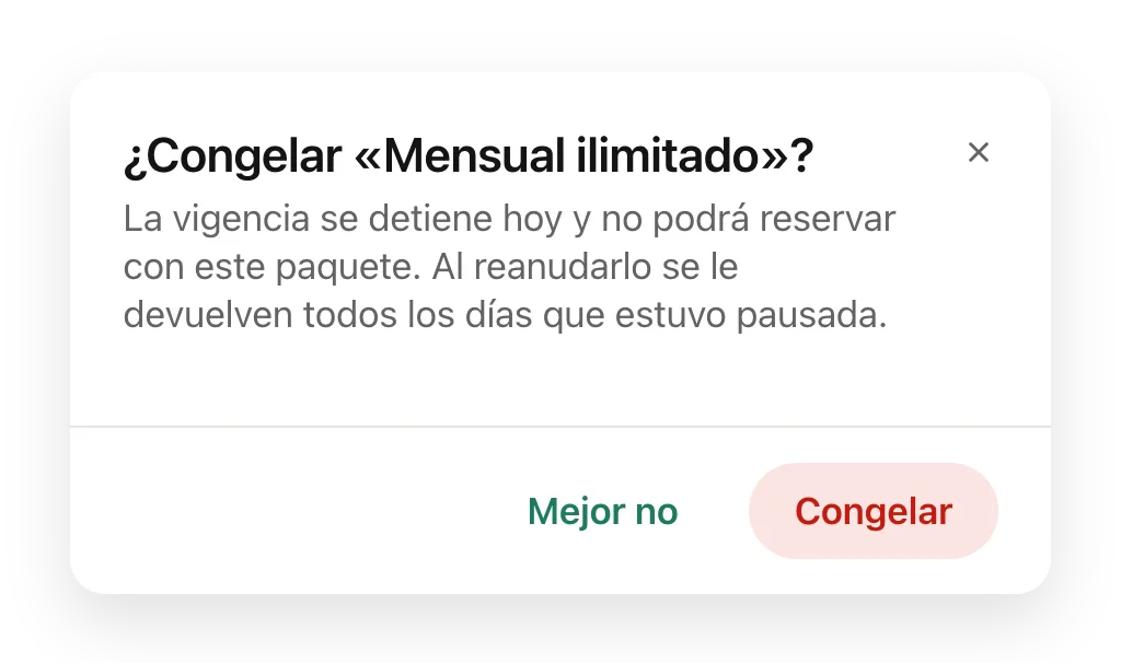 El cuadro para congelar la membresía Mensual ilimitado con lo que pasa al congelar y al reanudar.