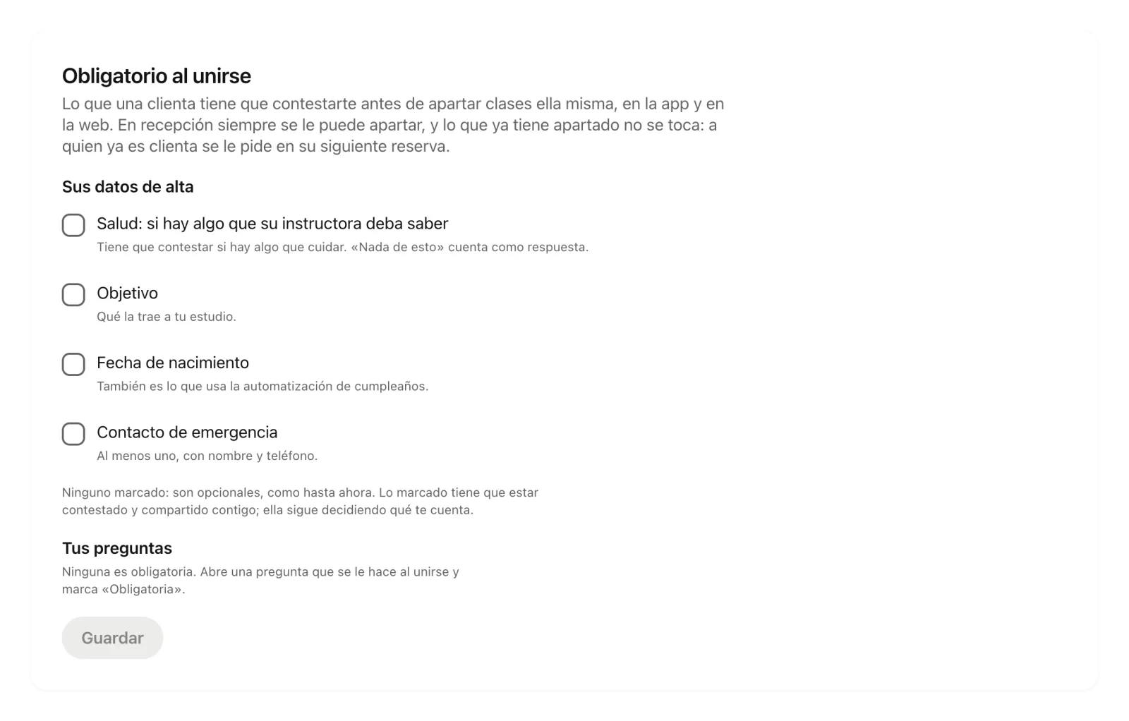 La tarjeta Obligatorio al unirse con los datos de alta y las preguntas del estudio.