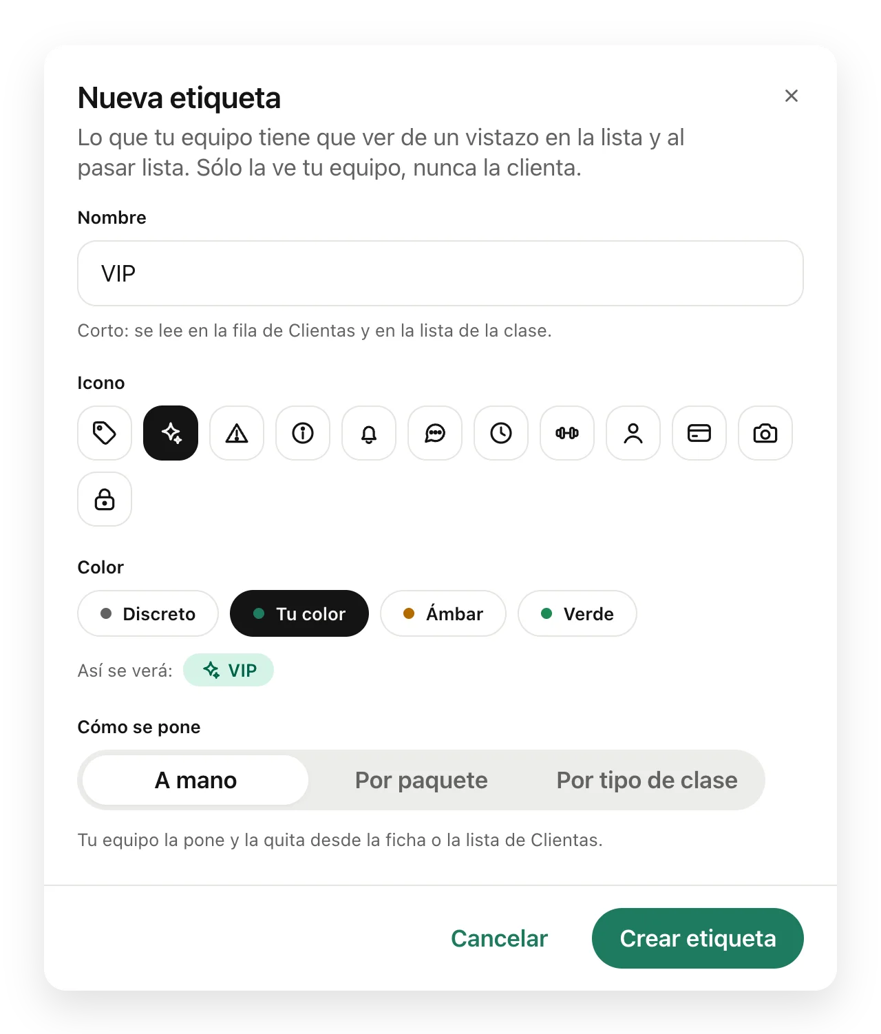 El cuadro Nueva etiqueta con el nombre VIP, el icono de destello y el color del estudio.