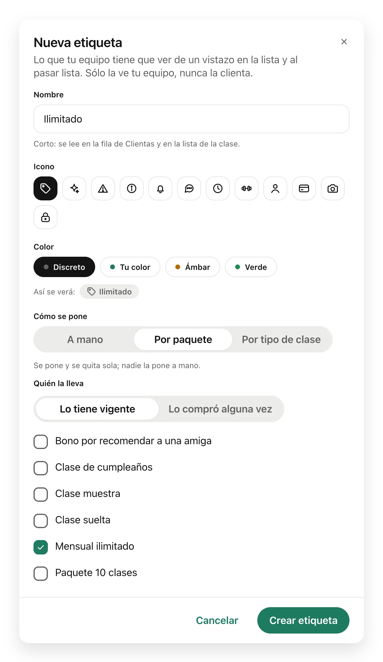 El cuadro de una etiqueta Ilimitado que se pone sola por paquete a quien tiene vigente la membresía Mensual ilimitado.