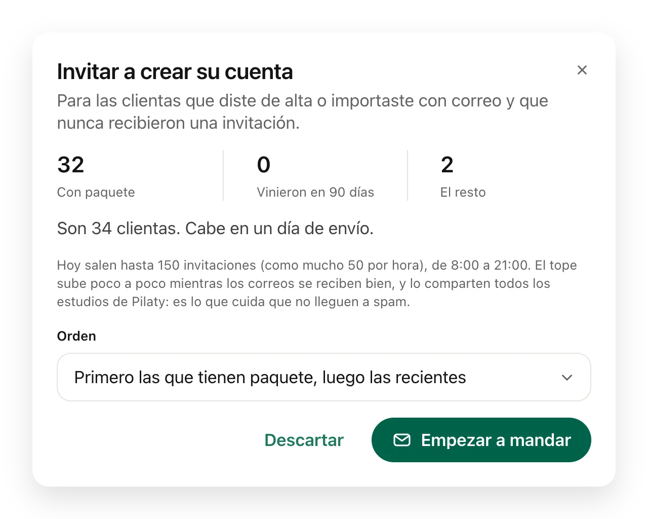 El resumen de la invitación con el orden de envío y el tiempo que tardaría.