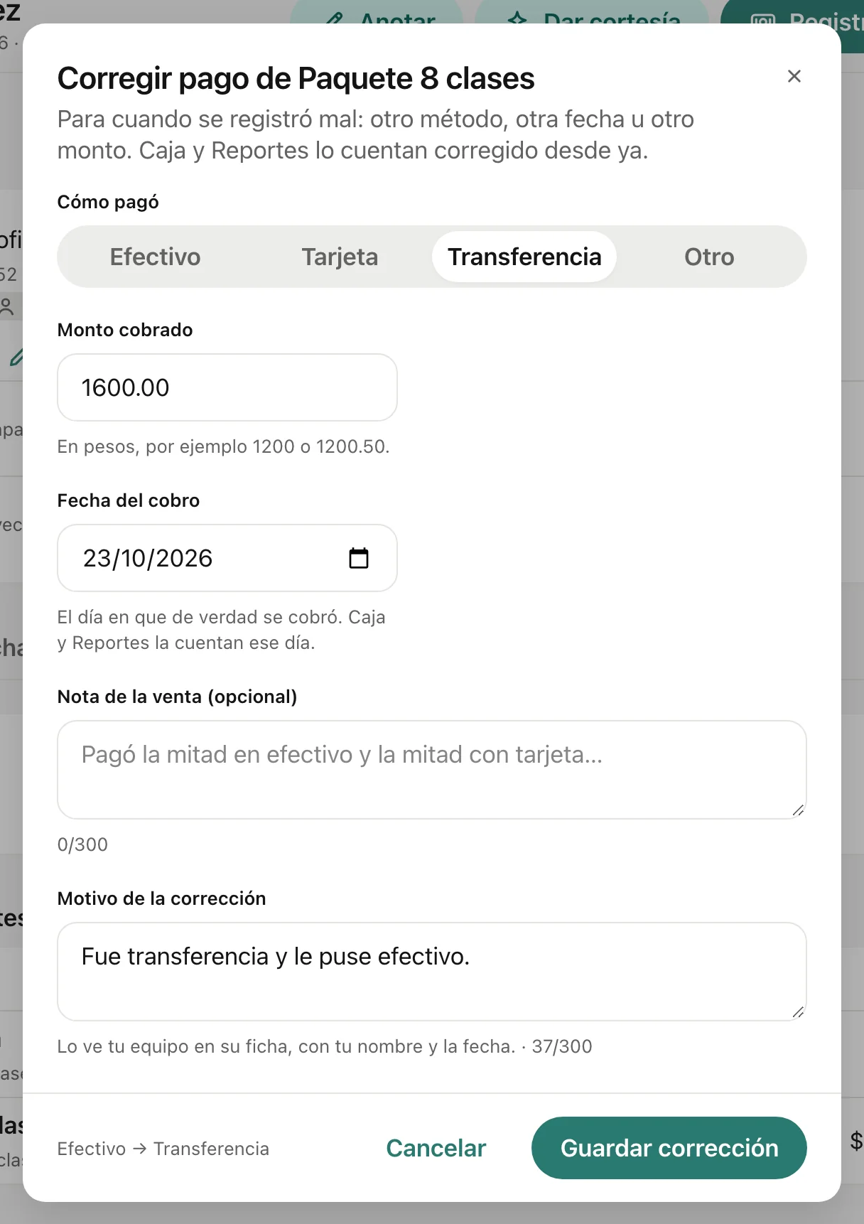 El cuadro Corregir pago de Paquete 8 clases con Transferencia elegida, el monto cobrado, la fecha del cobro, la nota y el motivo escrito.