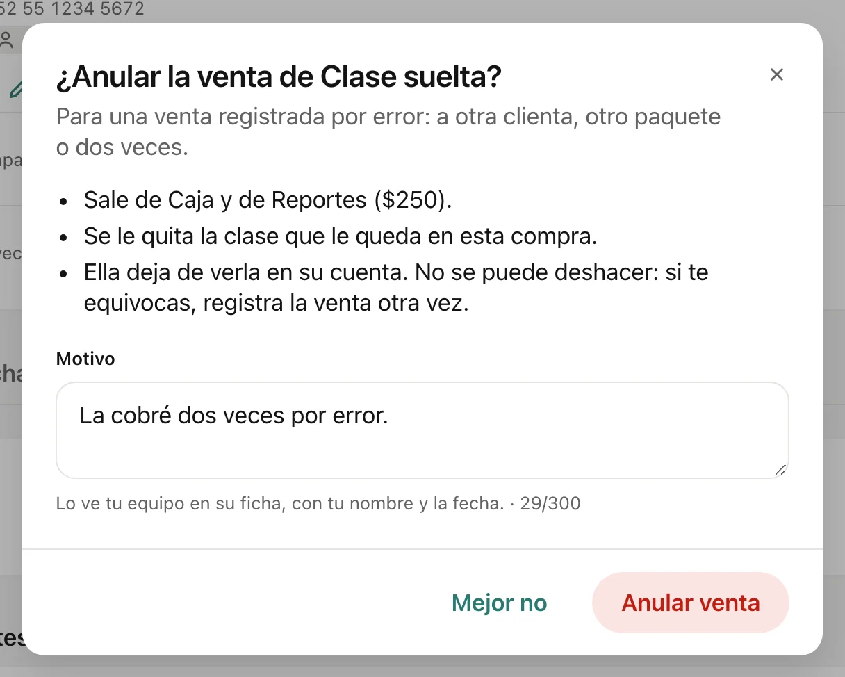 El cuadro ¿Anular la venta de Clase suelta? con lo que pasa: sale de Caja y de Reportes, se le quita la clase y no se puede deshacer, y el motivo La cobré dos veces por error.