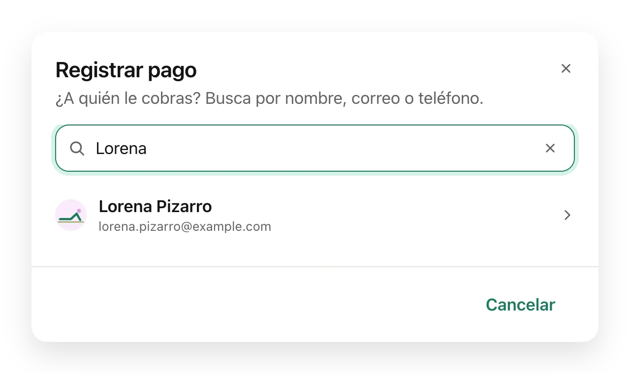 El cuadro para elegir a quién se le cobra con la búsqueda «Lorena» y su resultado.