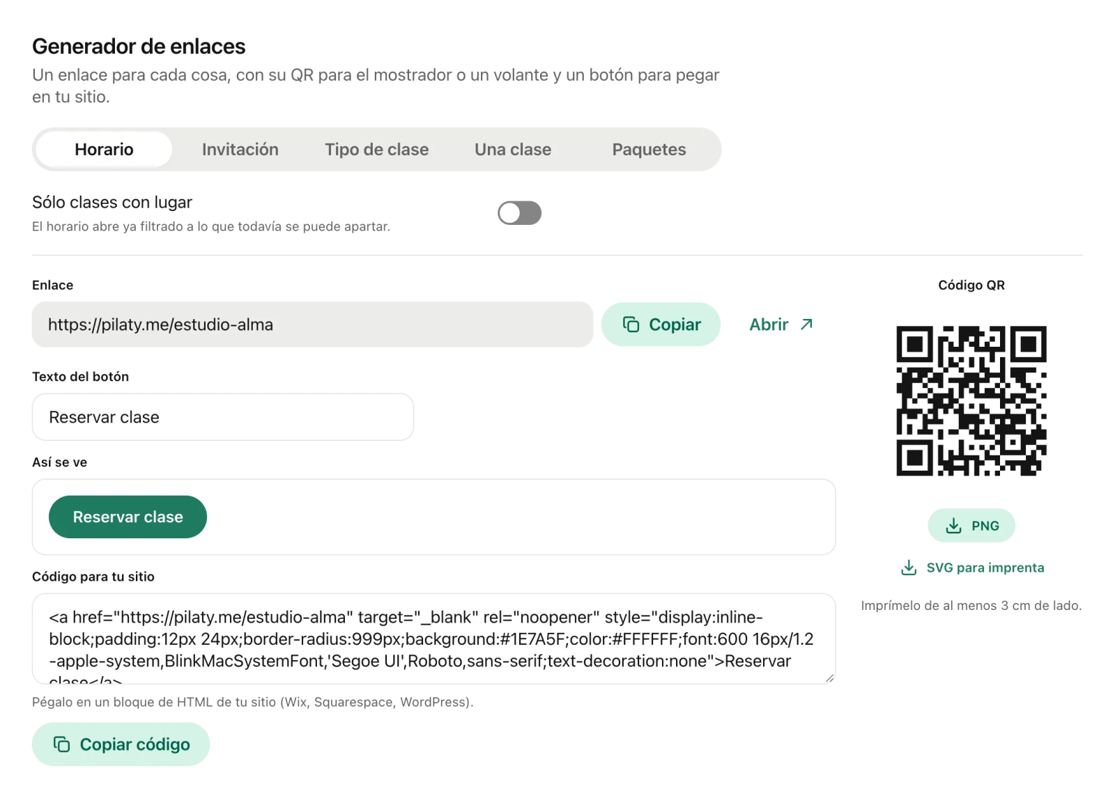 El generador de enlaces con las opciones Horario, Invitación, Tipo de clase, Una clase y Paquetes, el enlace, su QR y el código del botón.