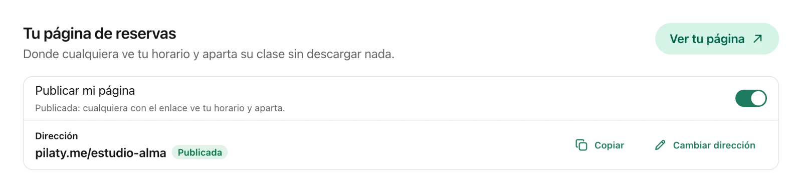 La tarjeta Tu página de reservas publicada, con la dirección pilaty.me/estudio-alma.