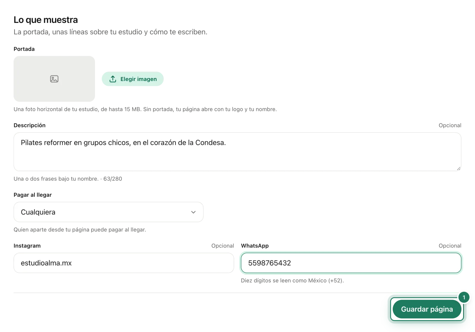 La sección Lo que muestra con la descripción, el Instagram, el WhatsApp, quién puede pagar al llegar y el botón Guardar página.
