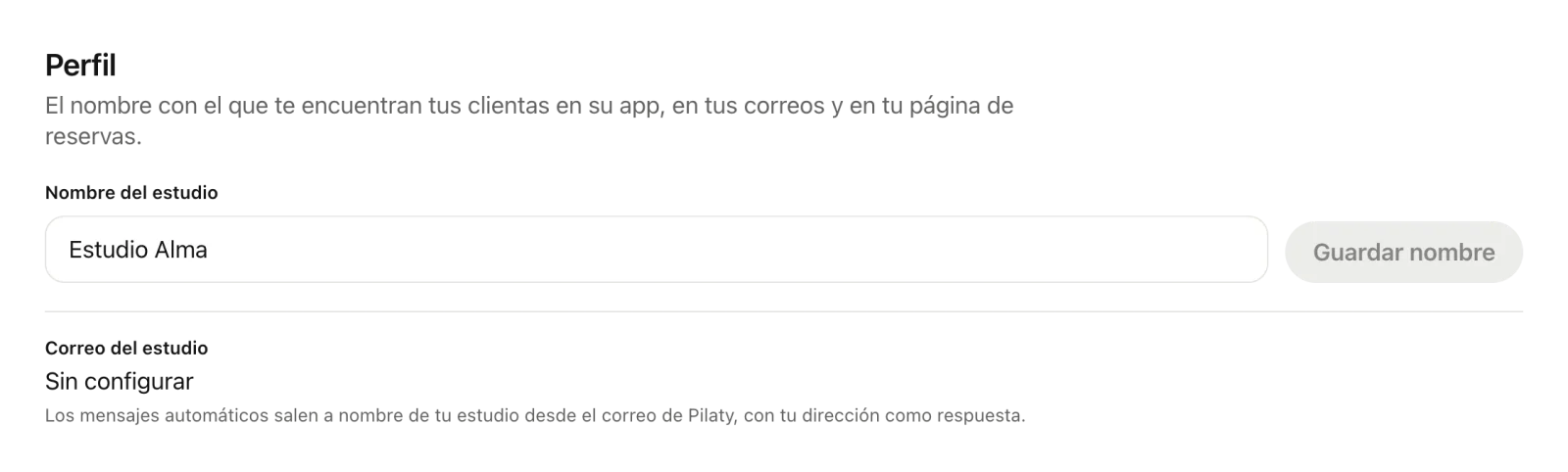La sección Perfil de Estudio con el nombre Estudio Alma y el correo del estudio.