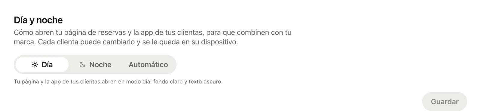 La sección Día y noche con las opciones para tu página y la app de tus clientas.