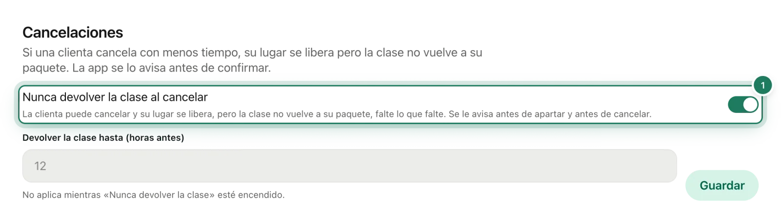 La sección Cancelaciones con la opción Nunca devolver la clase al cancelar encendida.