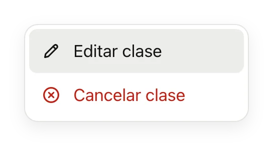El menú de acciones de una clase con Editar clase y Cancelar clase.