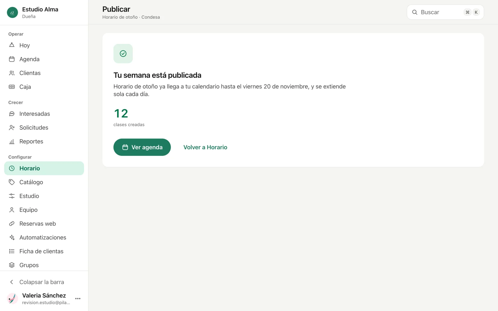 La pantalla de publicación con la semana publicada y el resumen de lo que se creó.