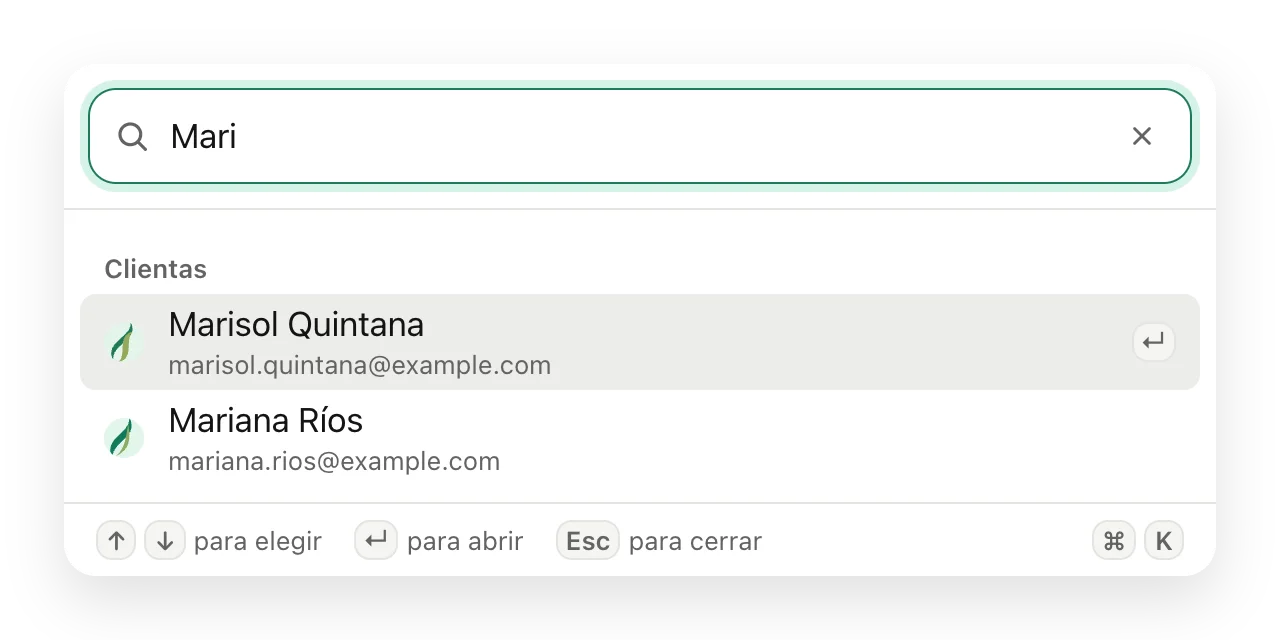 El buscador de Studio web abierto con «Mari» escrito y las clientas que coinciden.