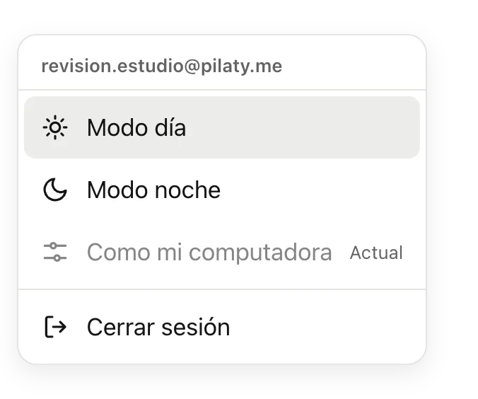 El menú de la cuenta con las opciones Modo día, Modo noche, Como mi computadora y Cerrar sesión.