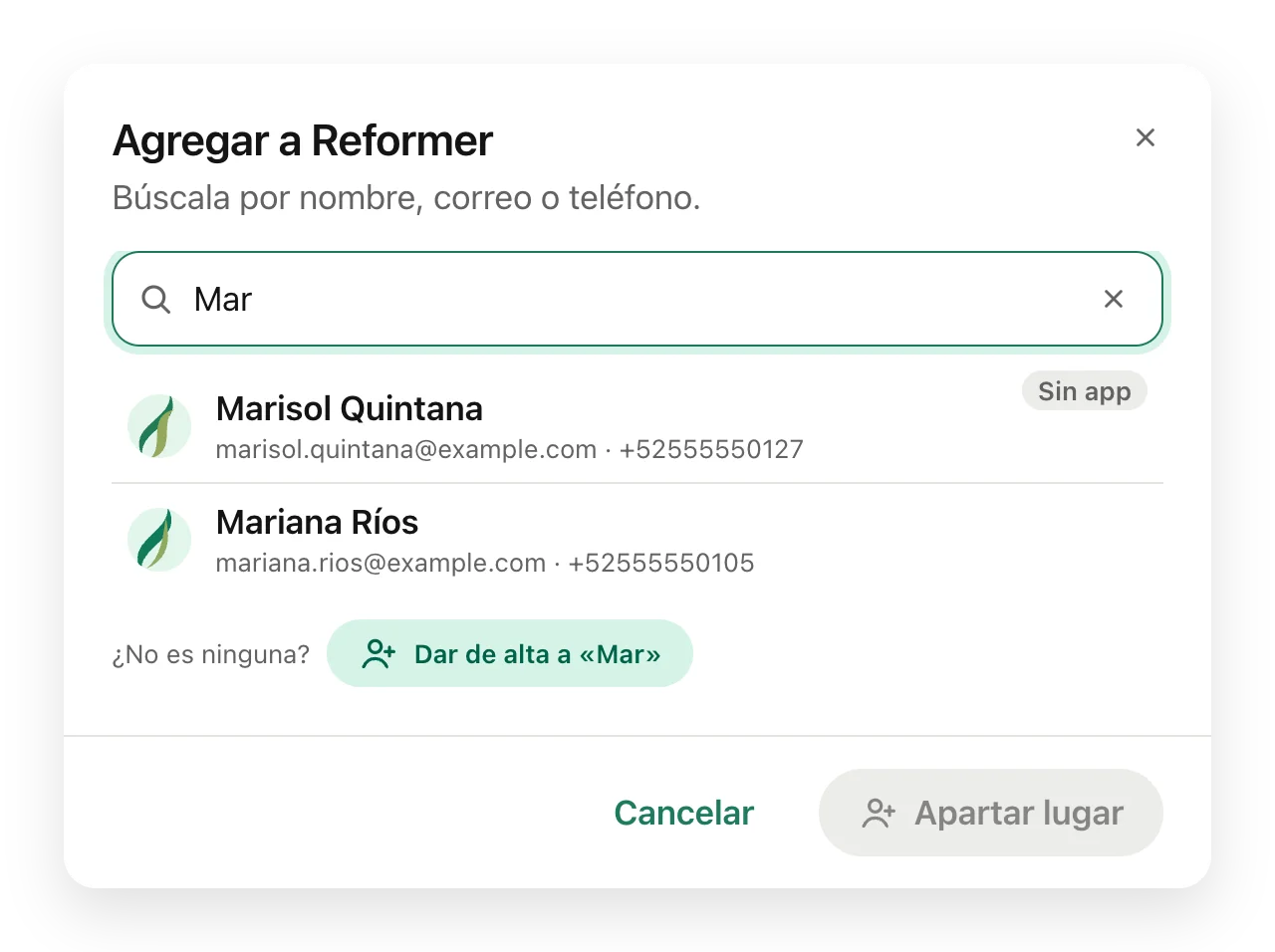 El cuadro Agregar a Reformer con la búsqueda «Mar» y dos clientas que coinciden.