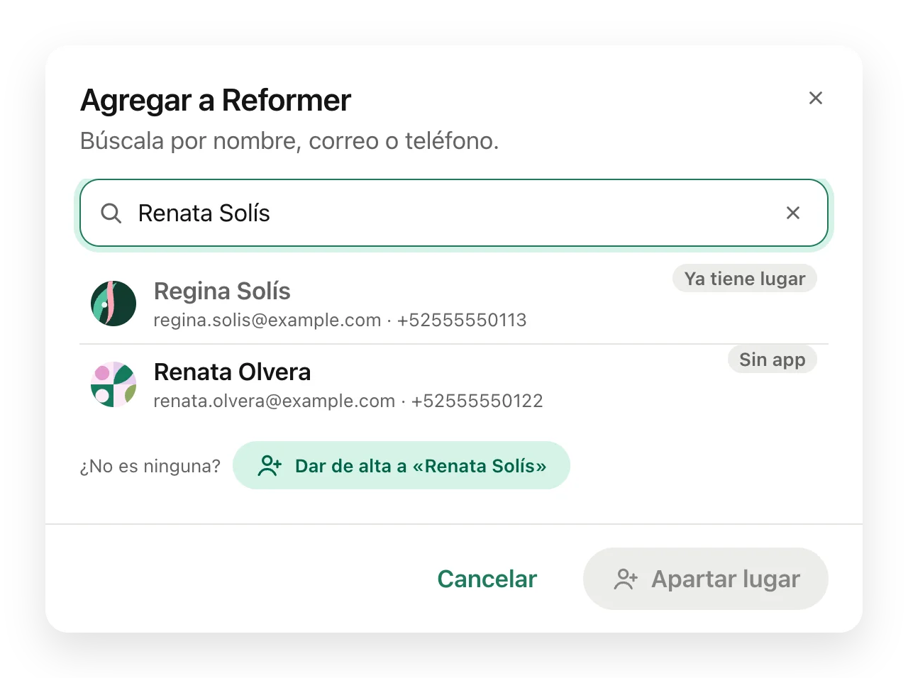 El cuadro de búsqueda sin coincidencia exacta y el botón Dar de alta a «Renata Solís».