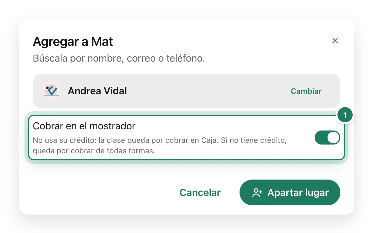 El cuadro para agregar a una clienta con la opción Cobrar en el mostrador encendida.