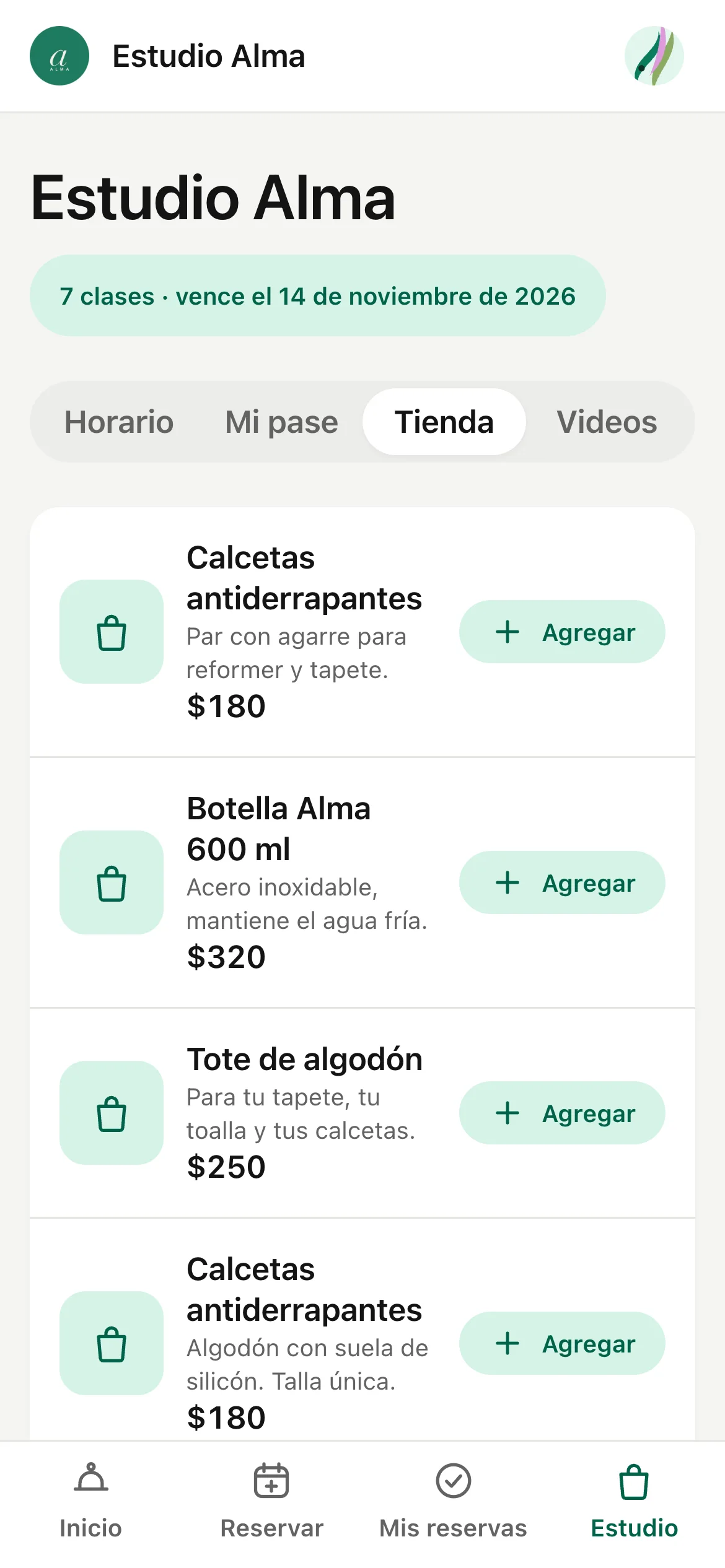 La pestaña Tienda con los productos del estudio y su precio.