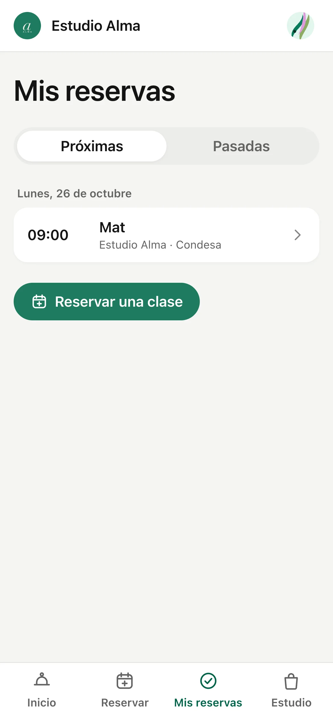 Mis reservas con sus próximas clases y el historial.