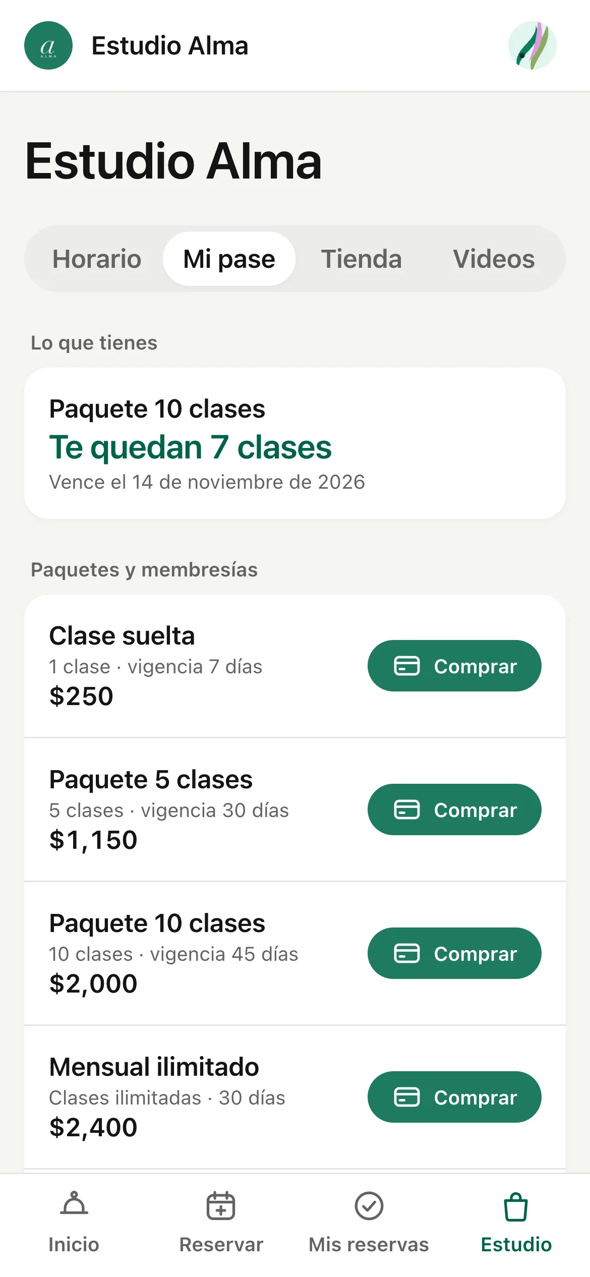 La pestaña Mi pase con las clases que le quedan y los paquetes para comprar con tarjeta.