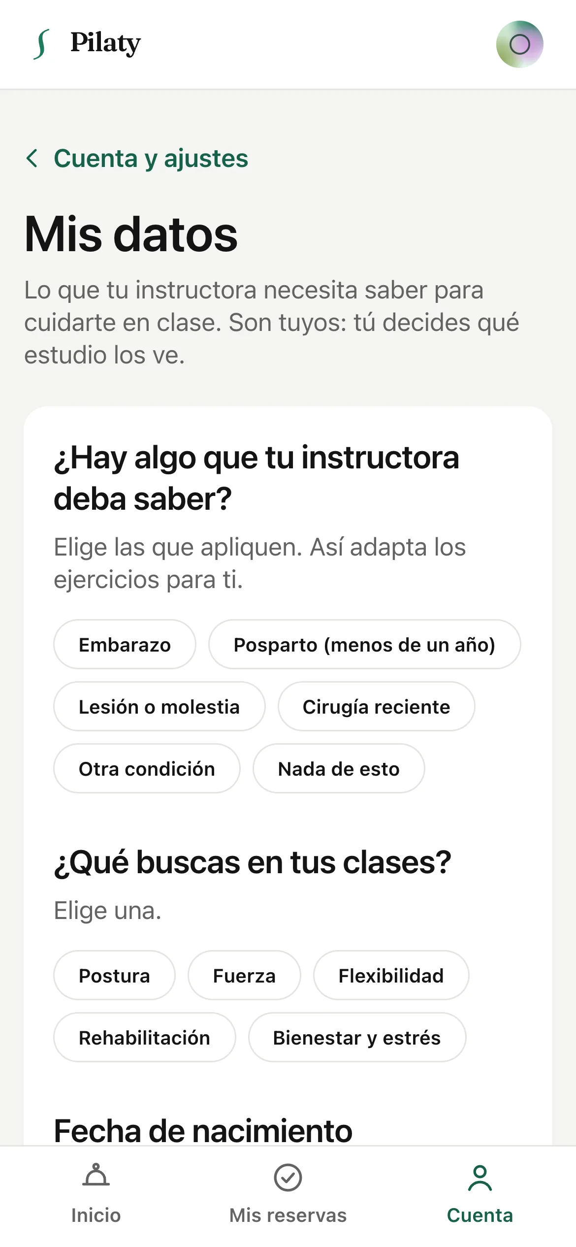 La pantalla Mis datos con las preguntas de lo que su instructora debe saber y qué busca en sus clases.
