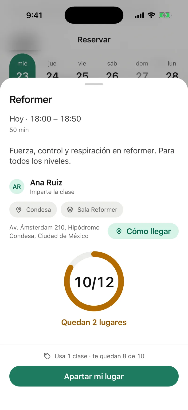 App Pilaty de la alumna: el detalle de una clase con su costo en clases y el botón para apartar.