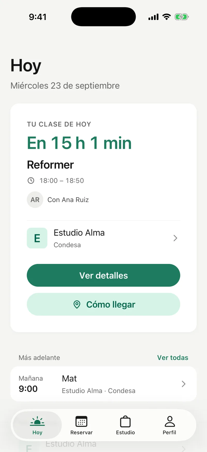 App Pilaty de la alumna: el horario con los lugares que quedan.