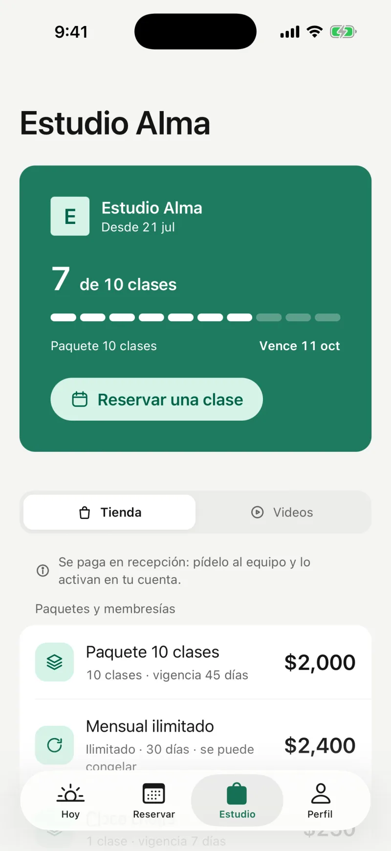 App Pilaty de la alumna: su paquete, con las clases que le quedan y la vigencia.