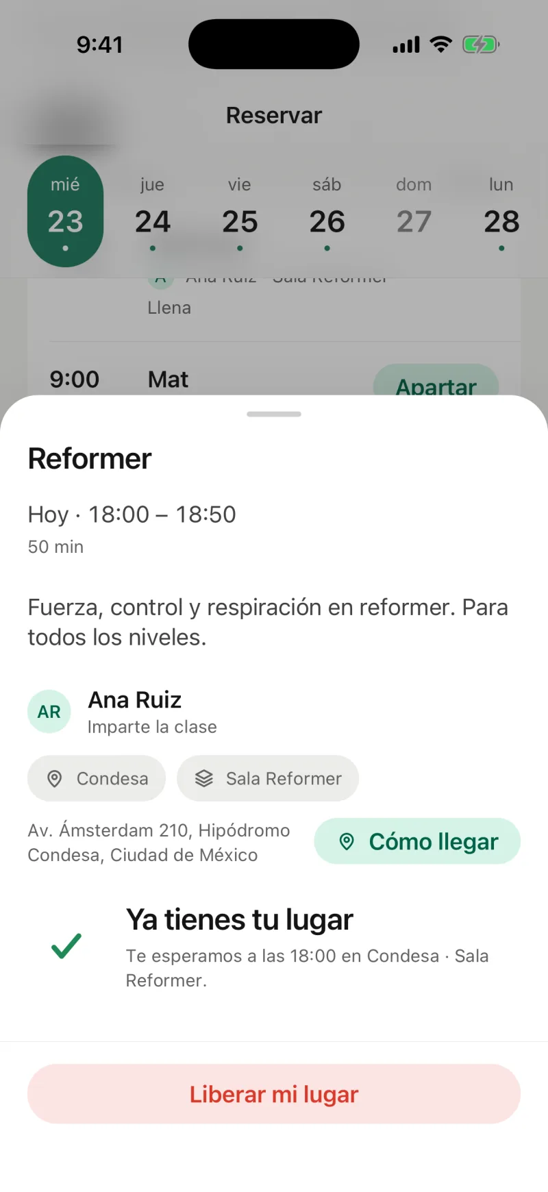 App Pilaty de la alumna: la reserva confirmada.
