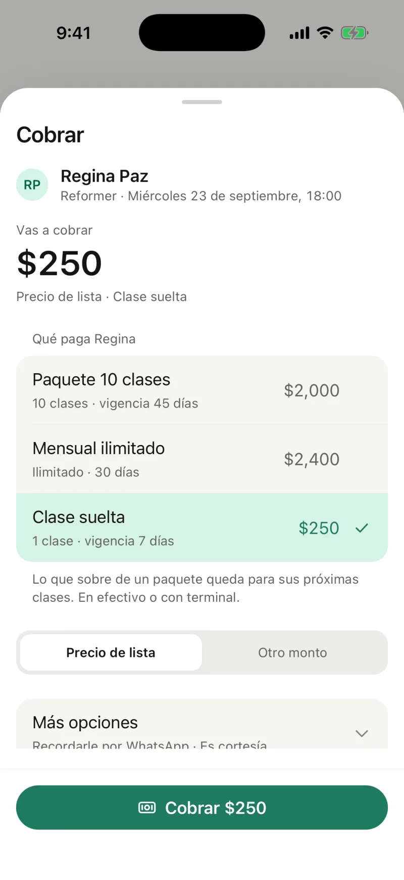 Pilaty Studio: registrar un cobro en efectivo, con terminal o con tarjeta.