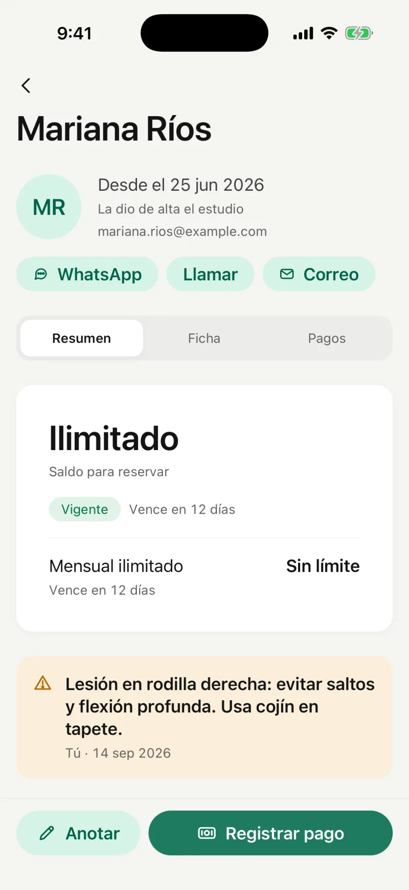 Pilaty Studio: la ficha de una alumna con su paquete e historial.