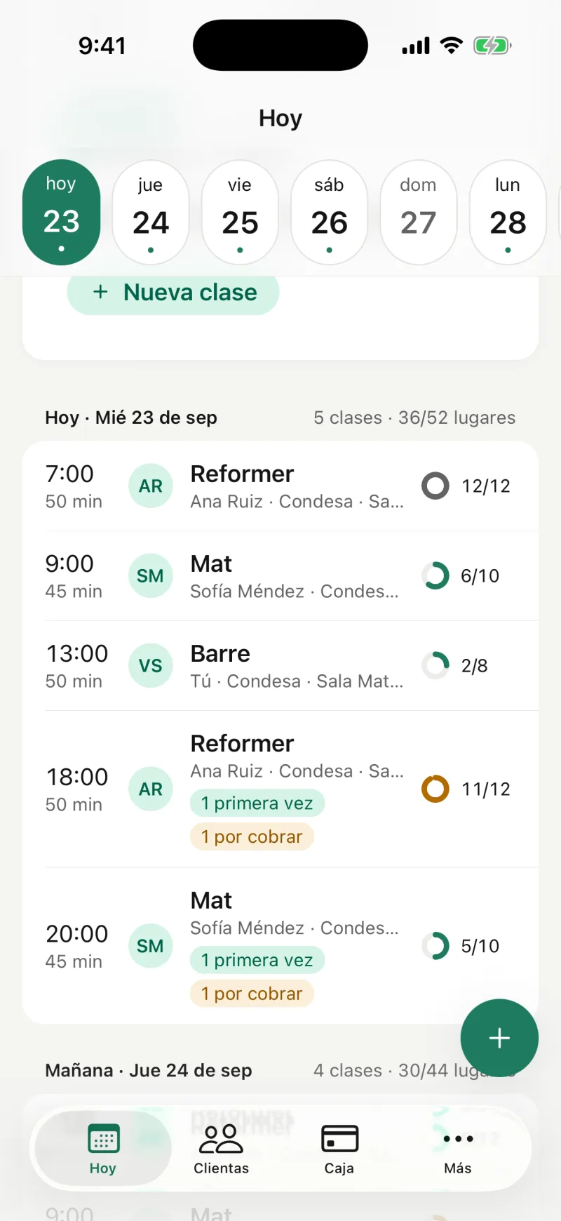 Pilaty Studio, pantalla Hoy: las clases del día con su ocupación.