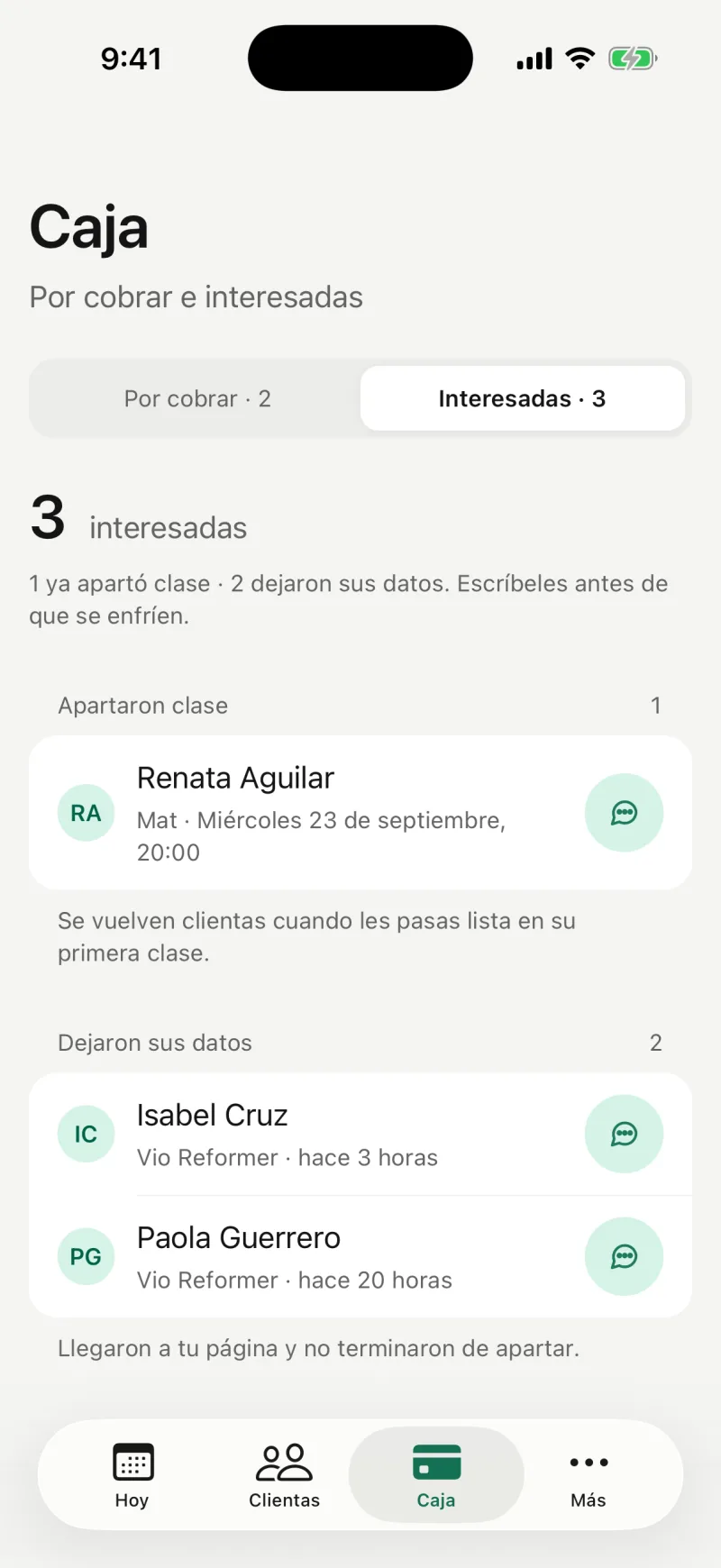 Pilaty Studio: Seguimiento, las interesadas que reservaron desde la web.