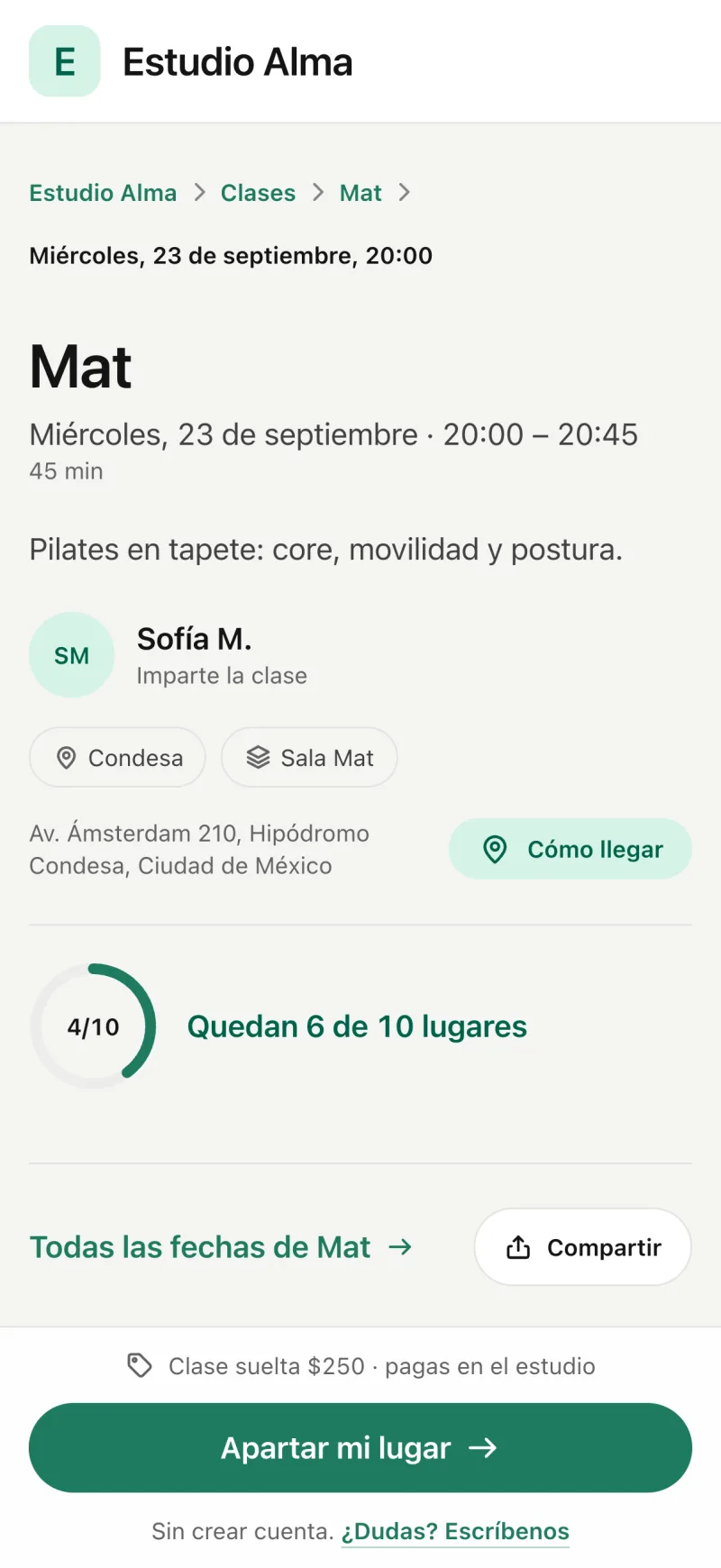 Página de reservas del estudio en pilaty.me: una clase con el botón para apartar.