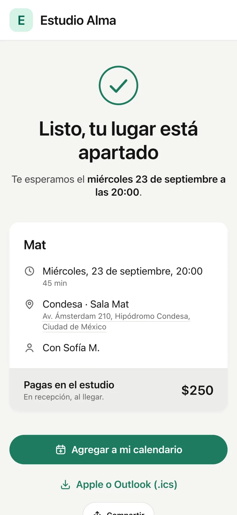 Página de reservas del estudio en pilaty.me: la confirmación de la reserva.