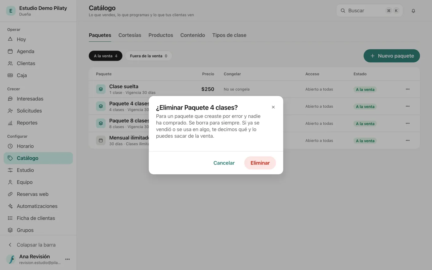 El Catálogo de un estudio de ejemplo con el cuadro Eliminar Paquete 4 clases, que explica que es para un paquete creado por error que nadie ha comprado.