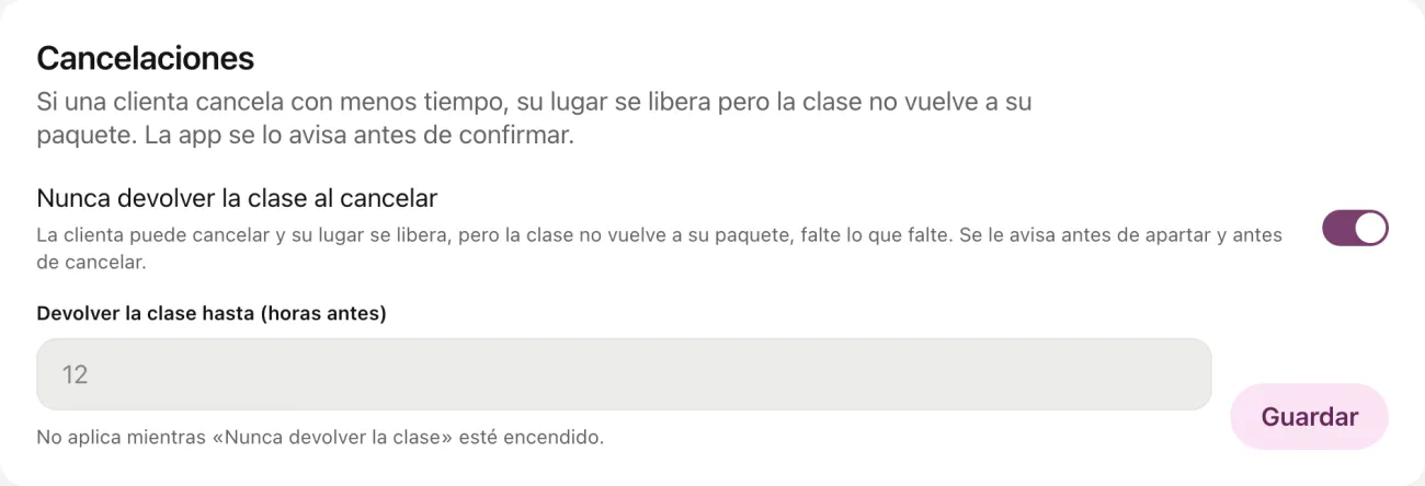 La sección Cancelaciones con la opción Nunca devolver la clase al cancelar encendida.