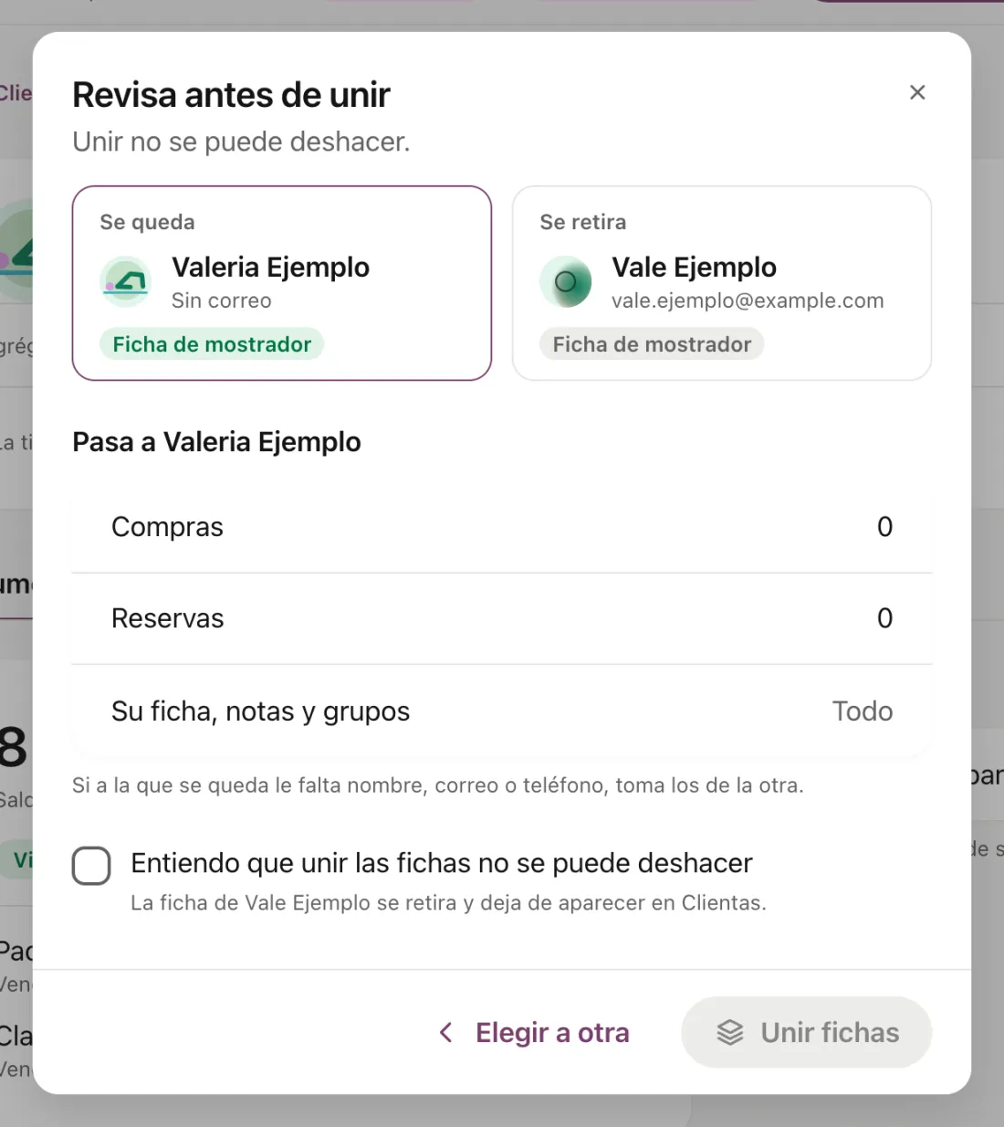 El cuadro Revisa antes de unir: la ficha que se queda, la que se retira y lo que pasa de una a otra.