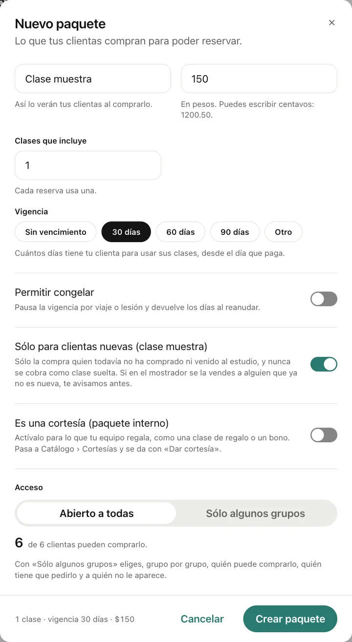 El cuadro Nuevo paquete de una clase muestra de $150 con Sólo para clientas nuevas encendido.