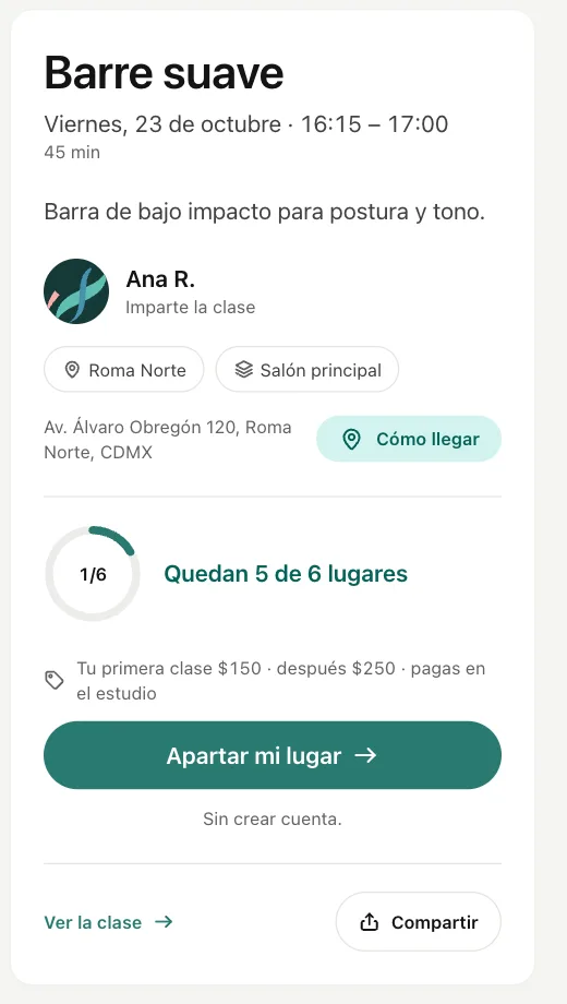 El panel de una clase en la página de reservas con la línea Tu primera clase $150, después $250.