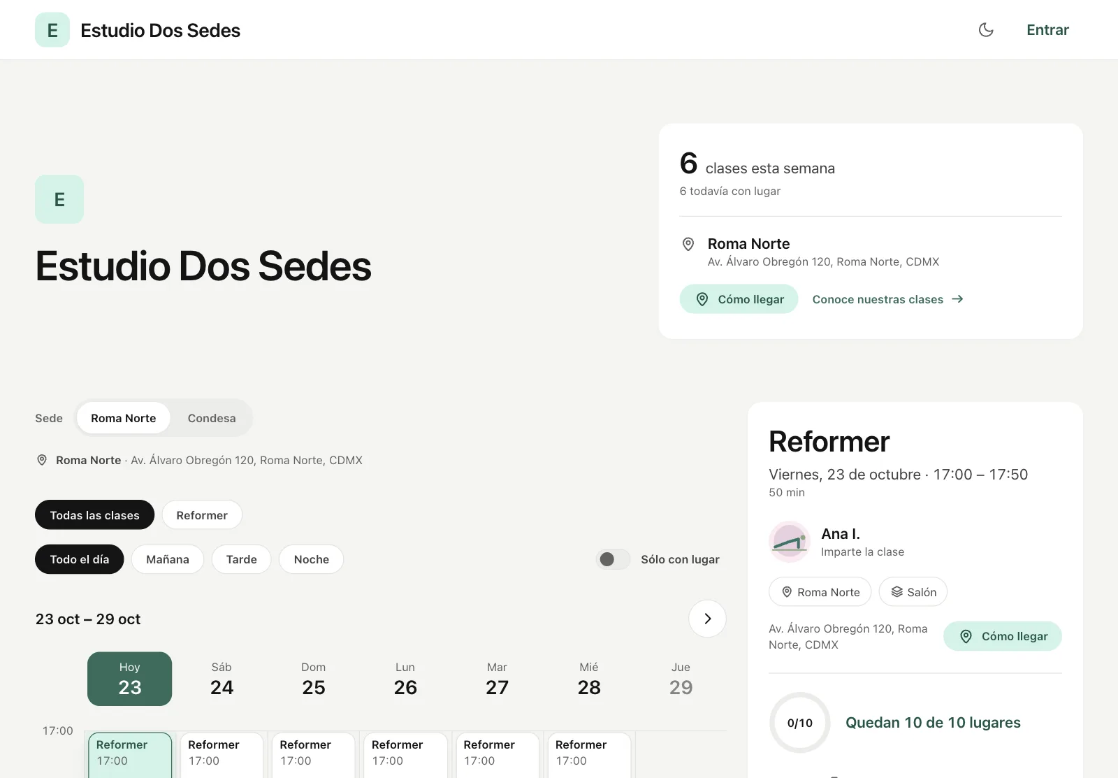 La página de reservas de un estudio de ejemplo con dos sedes: el selector de sede, su dirección y su horario.