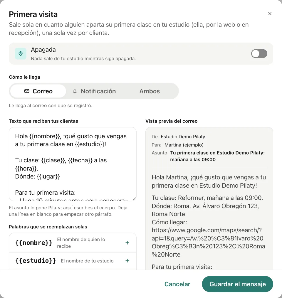 El cuadro del aviso Primera visita con su texto y la vista previa del mensaje.